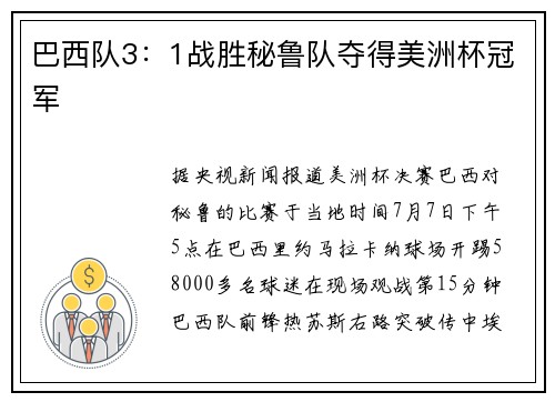 巴西队3：1战胜秘鲁队夺得美洲杯冠军