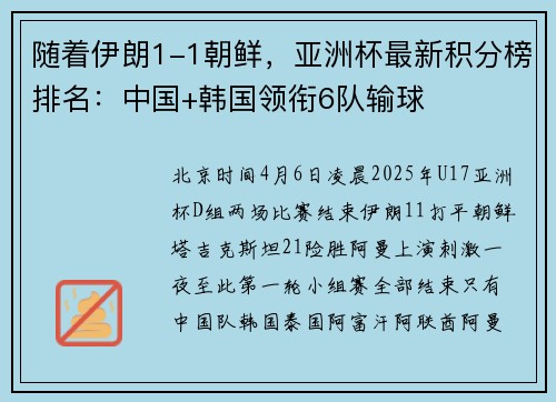 随着伊朗1-1朝鲜，亚洲杯最新积分榜排名：中国+韩国领衔6队输球
