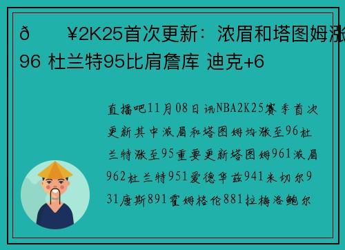 🔥2K25首次更新：浓眉和塔图姆涨至96 杜兰特95比肩詹库 迪克+6